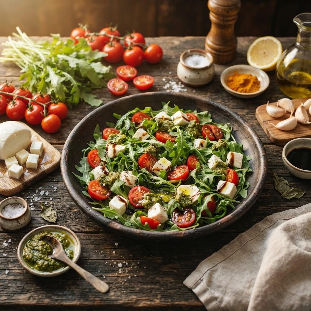 Салат с моцареллой, рукколой и черри
