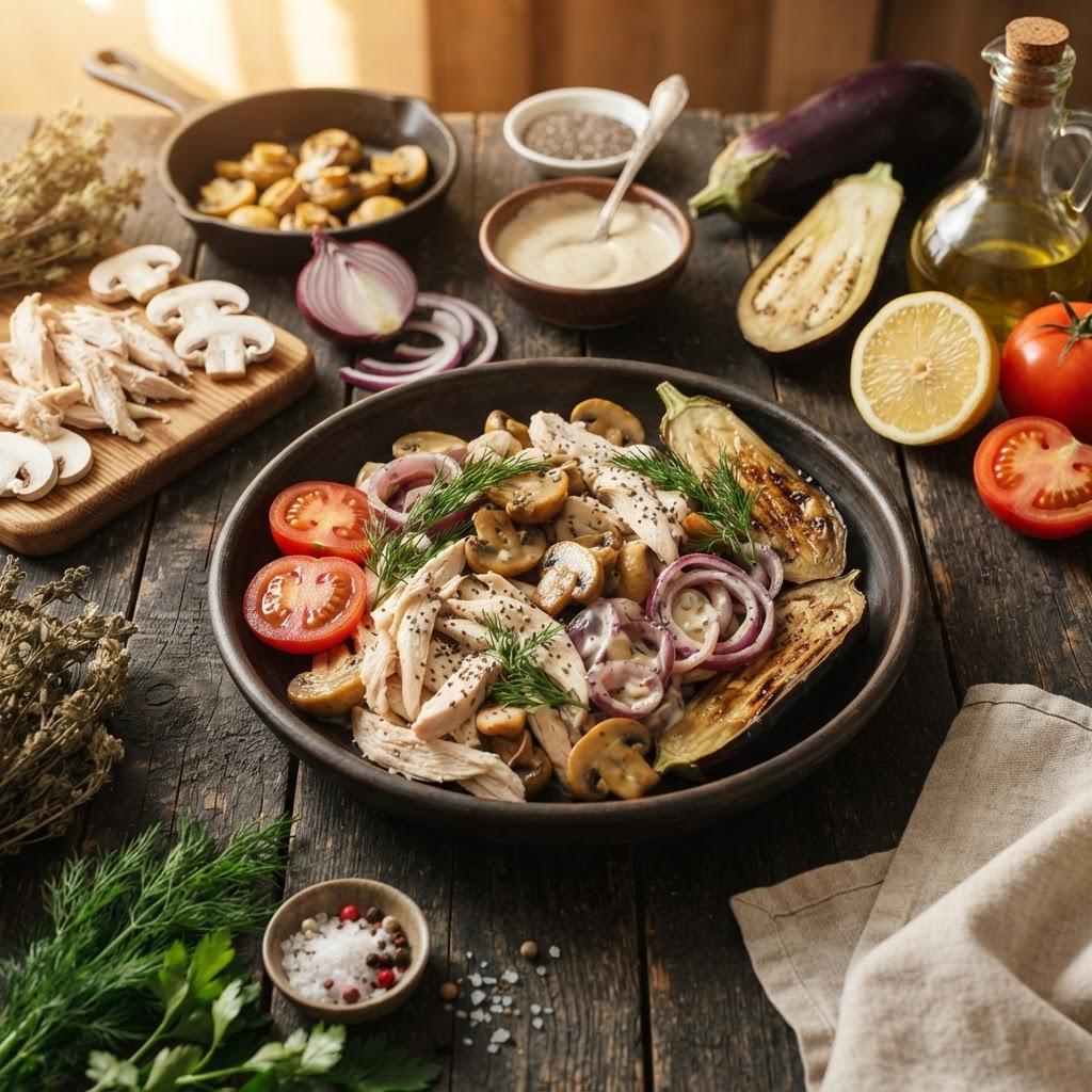 Салат с курицей, грибами и баклажаном
