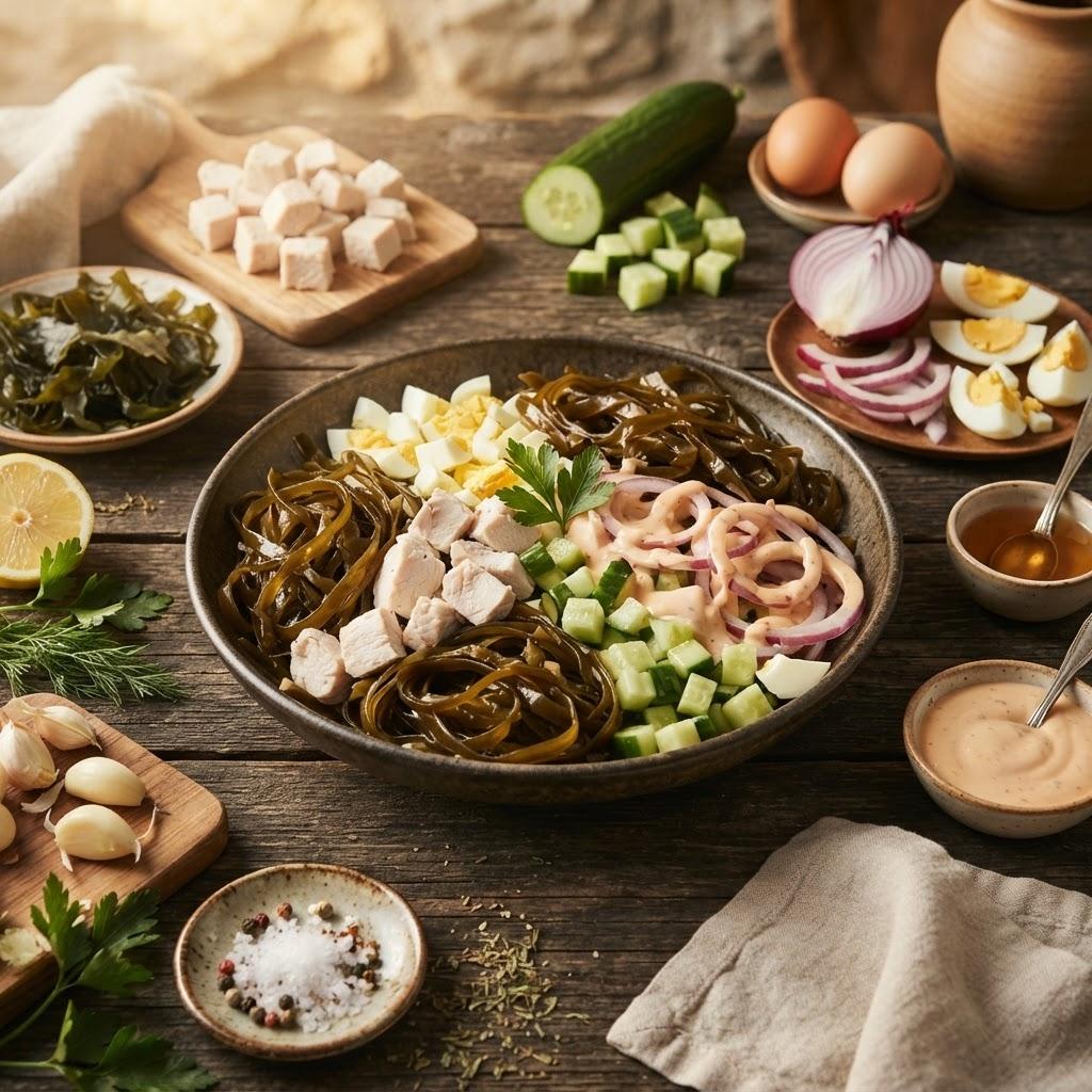 Диетический салат из курицы и морской капусты