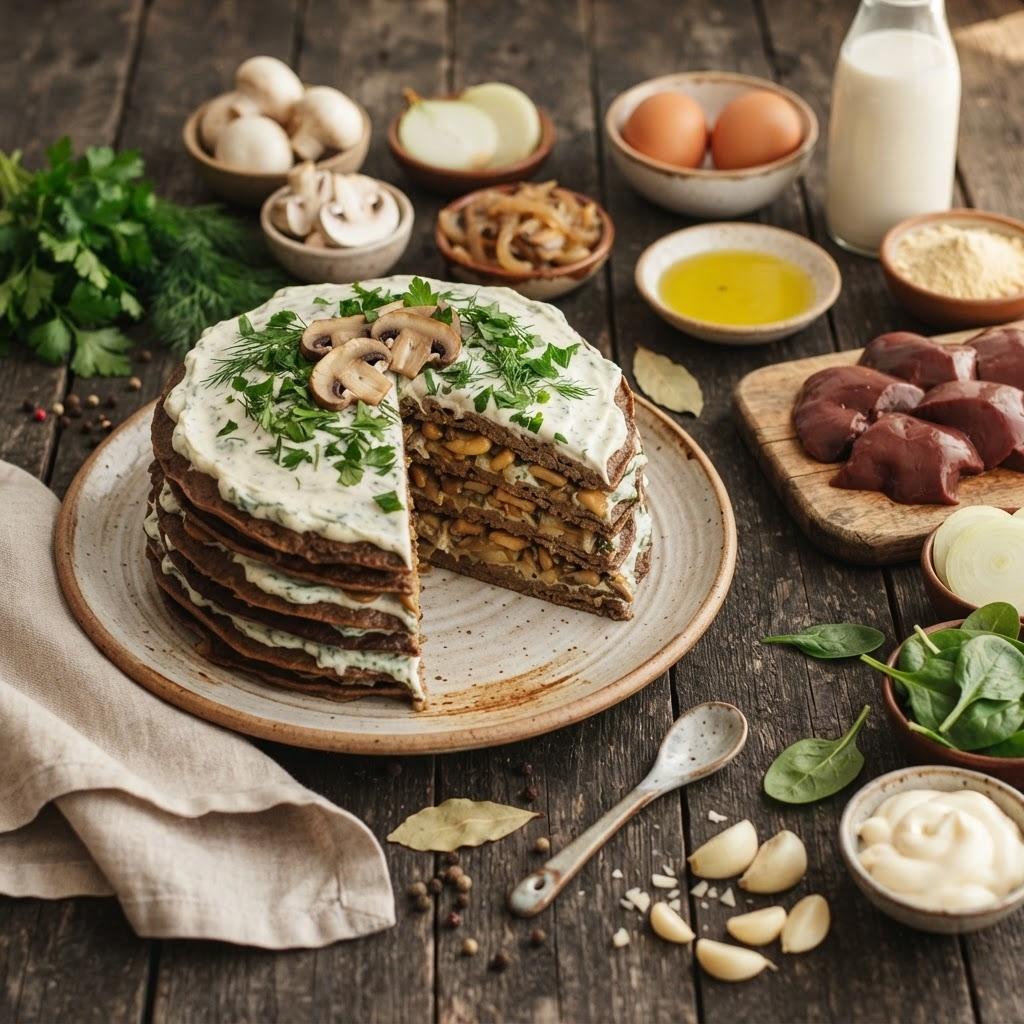 Печеночный торт с грибами и шпинатом