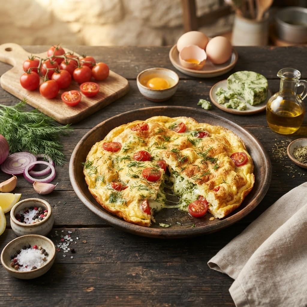 Омлет с зеленым сыром и томатами