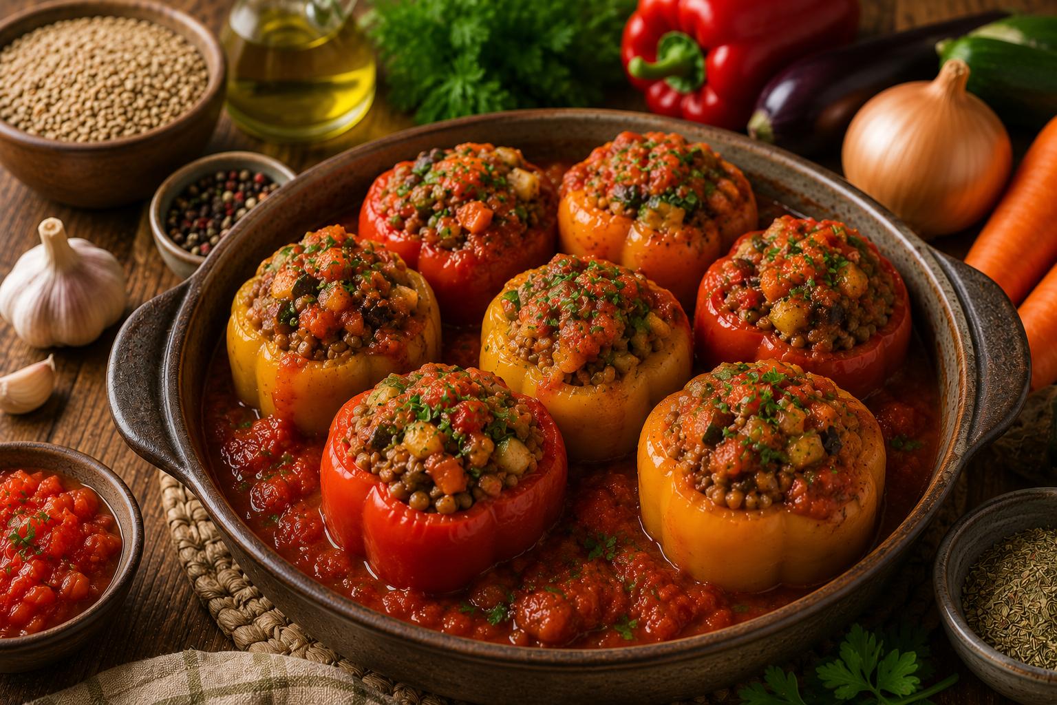 Перец фаршированный чечевицей с овощами