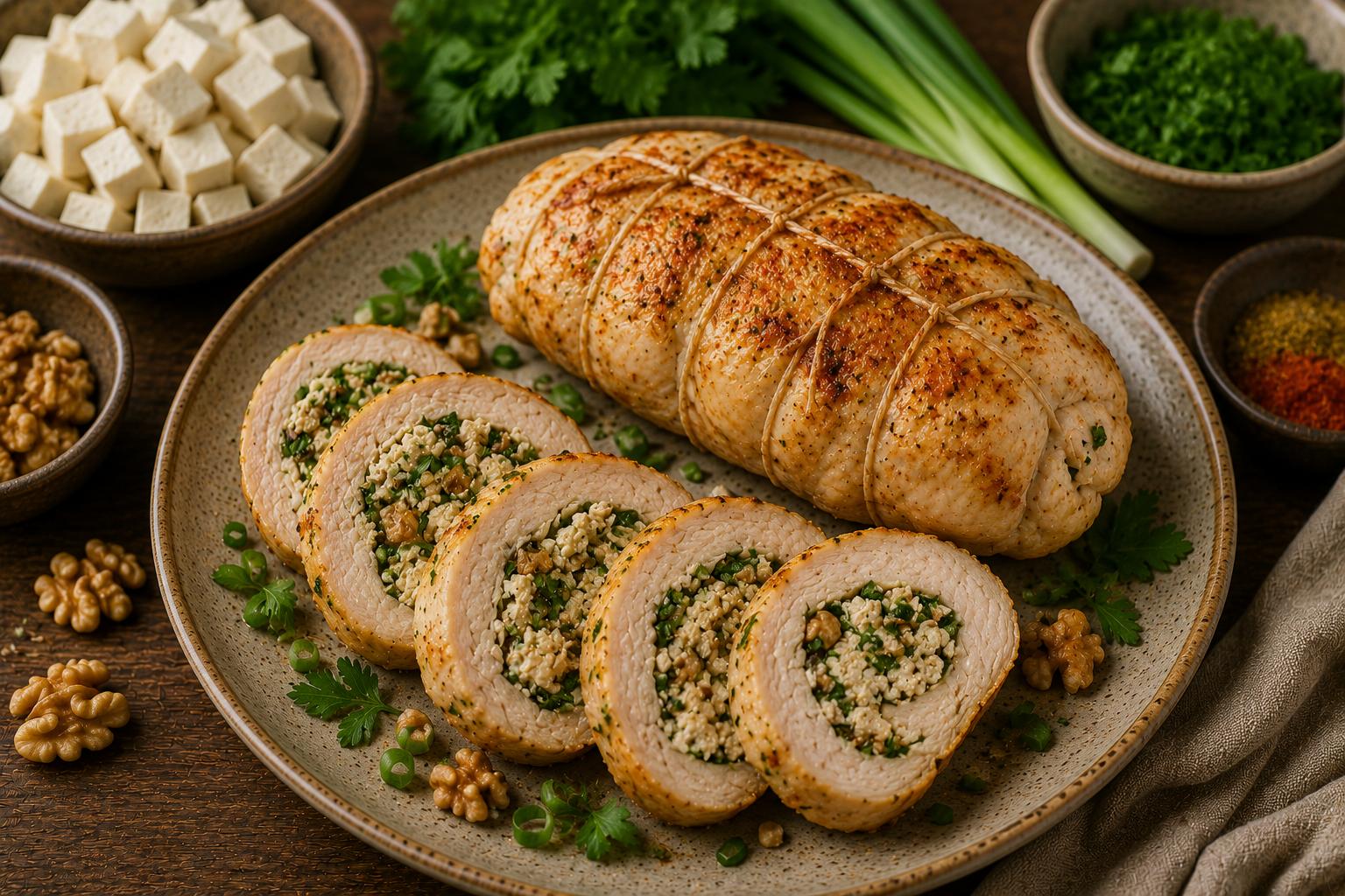 Рулет из куриной грудки с тофу и зеленью