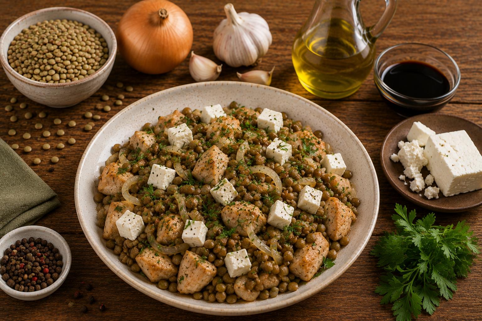 Тёплый салат с чечевицей, курицей и фетой