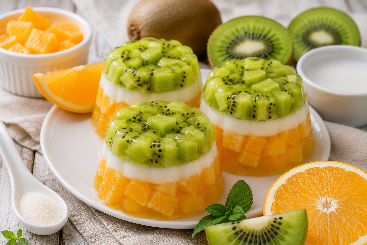 Трёхслойное желе с апельсином, киви и кокосом
