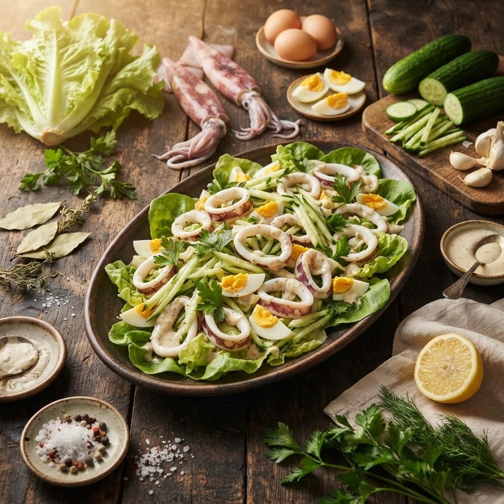 Салат с кальмарами, яйцом и свежим огурцом