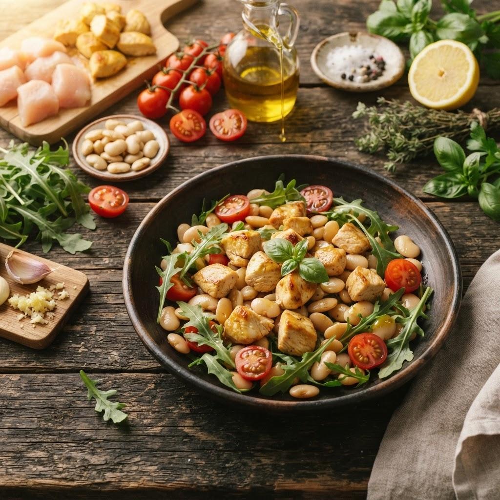 Салат с курицей, белой фасолью и рукколой