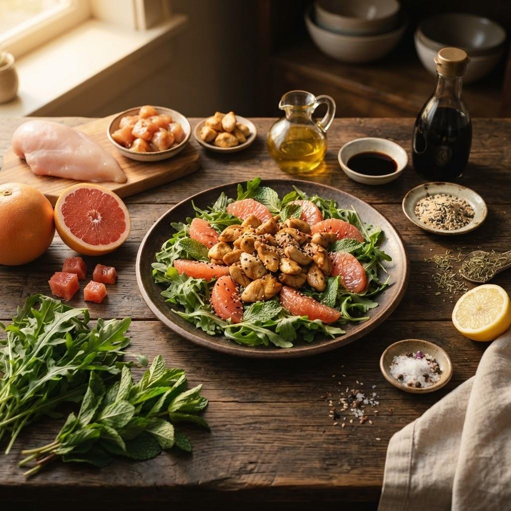 Куриный салат с грейпфрутом, рукколой и мятой