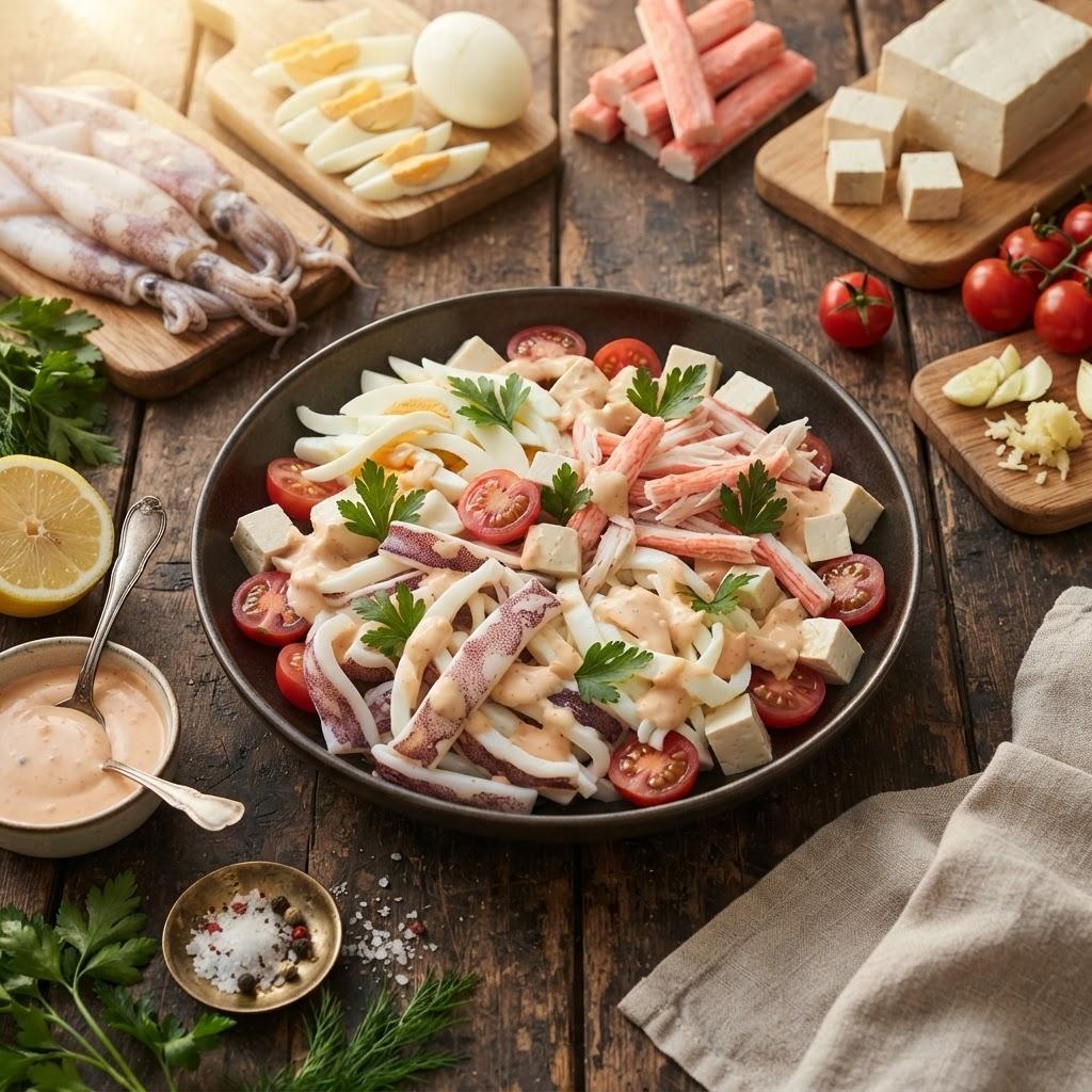 Белковый салат с кальмарами и тофу