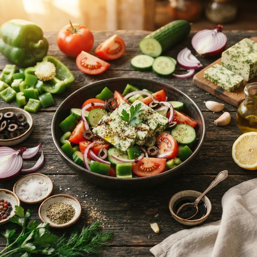 Греческий салат с тофу и овощами