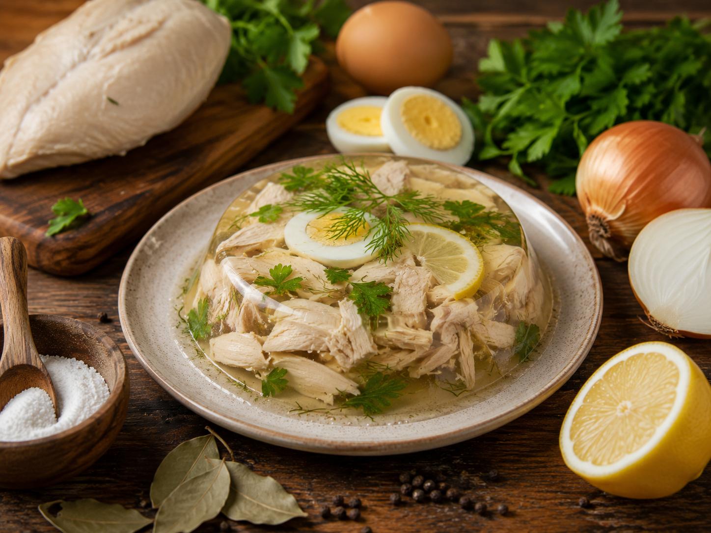 Заливное из курицы с яйцом и зеленью