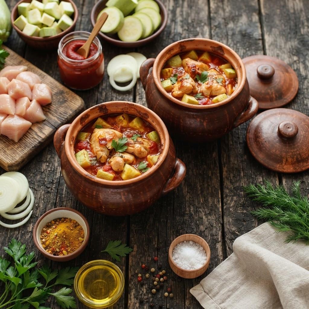 Курица в горшочке с кабачком