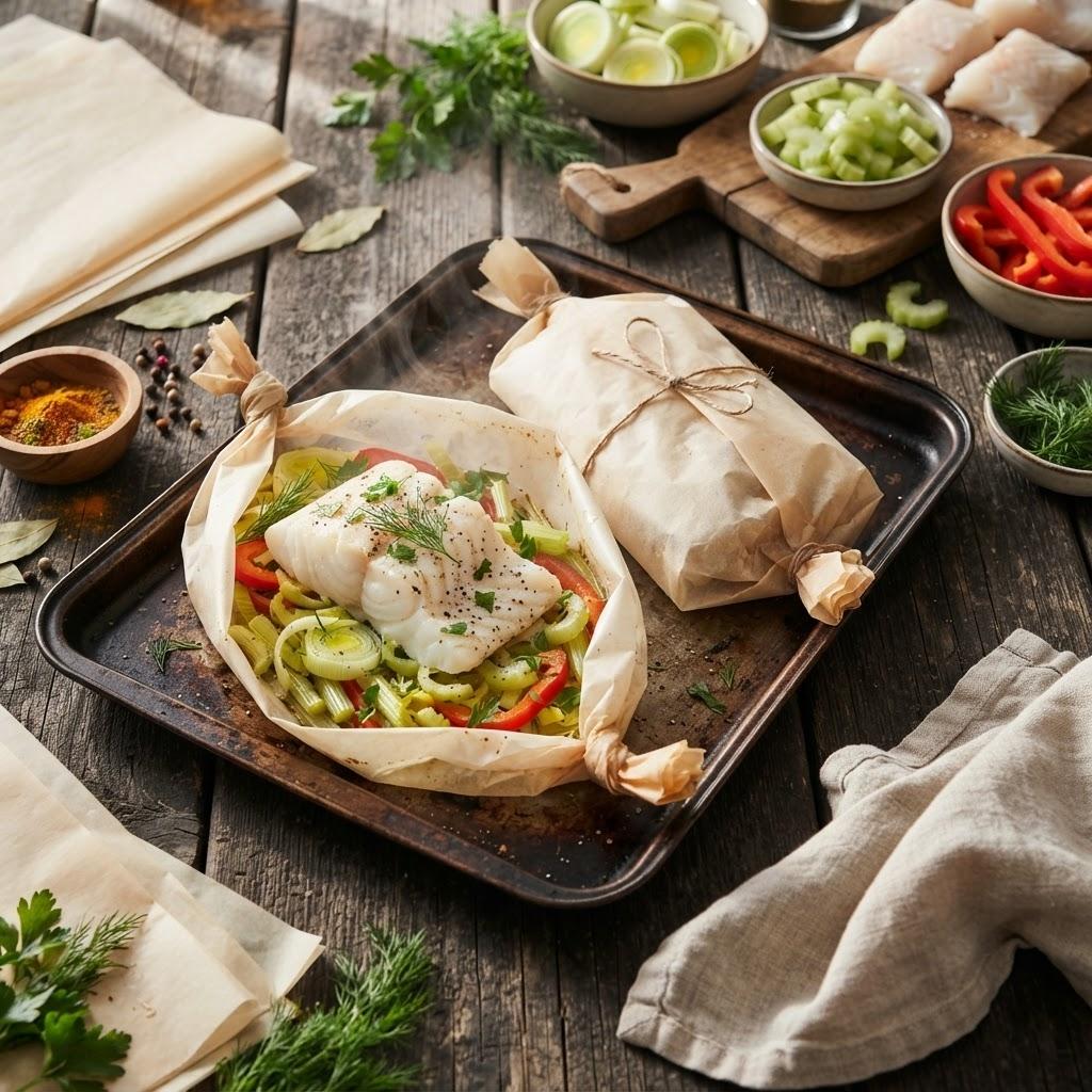 Треска с овощами, запечённая в пергаменте