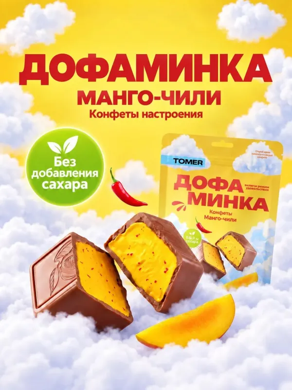 Дофаминка "Манго-чили" в молочном шоколаде без сахара, 125 гр