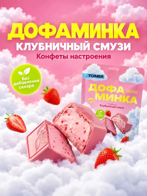 Дофаминка "Клубничный смузи" в белом шоколаде без сахара, 125 гр